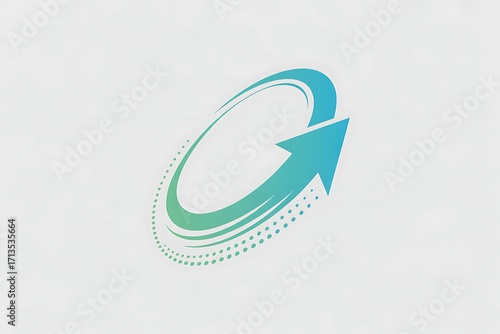 Abstract circular arrow logo with a gradient of blue and green colors and a dotted trail on a white background