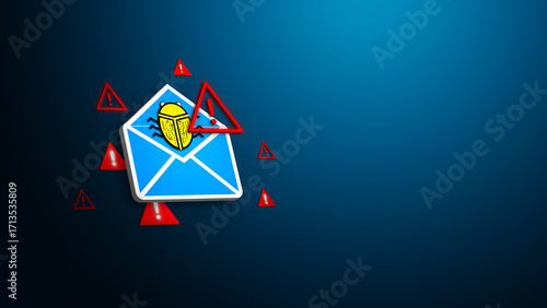 Email malware alert concept by red warning symbols representing spam infection virus risk and cybersecurity threat