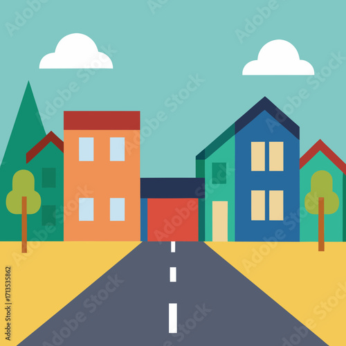 Colorful flat design suburban street with houses and trees