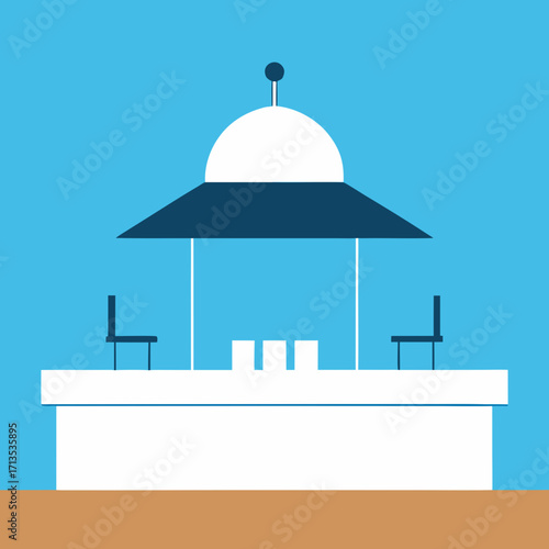 Minimalist outdoor kiosk with chairs and a dome roof