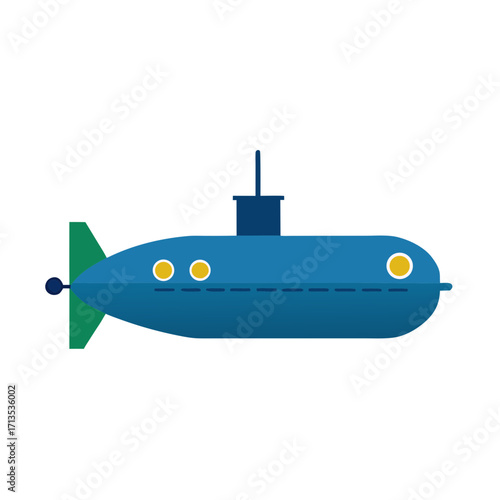 Simple blue submarine illustration with green tail fins and yellow portholes