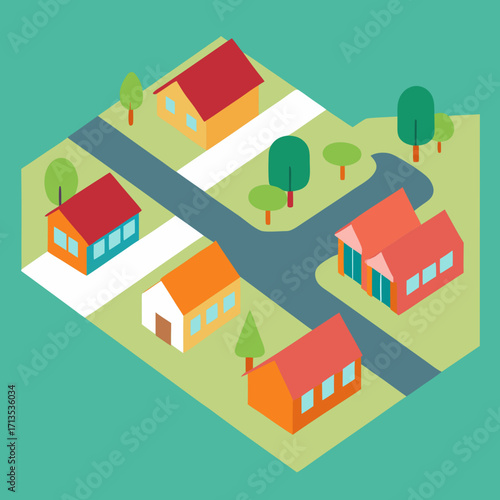 Isometric illustration of a small suburban neighborhood with colorful houses and trees
