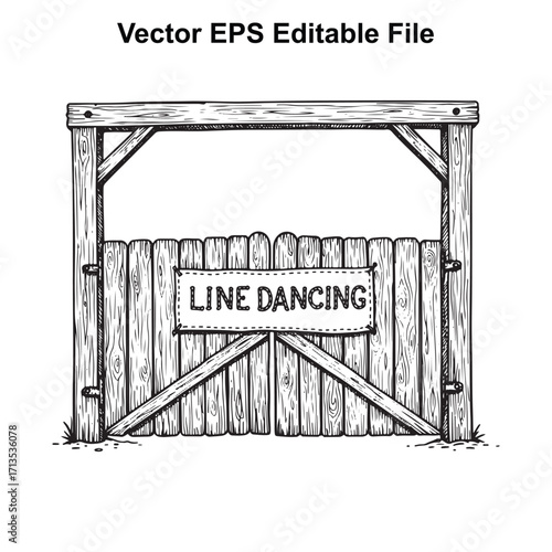 Vector art of rustic wooden fence gate with a sign that says line dancing