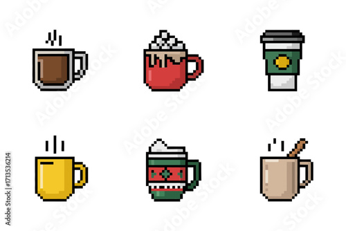 Pixel hot drinks, steaming coffee mug, cocoa with marshmallows, takeaway cup, tea glass with bag, cozy winter vector