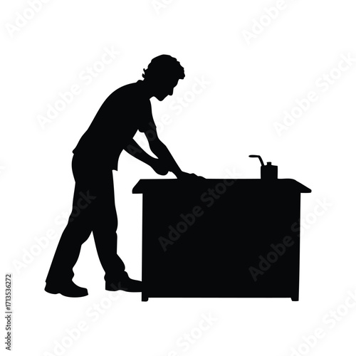 Silhouette of a person working at a desk with a desk lamp, person cleaning kitchen counter silhouette vector illustration