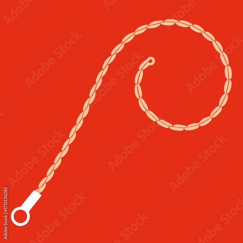 Stylized whip with braided cord and white handle on red background