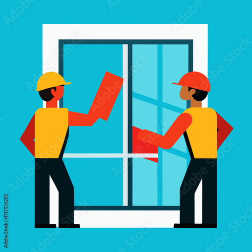 Two construction workers installing a large window pane with blue sky background