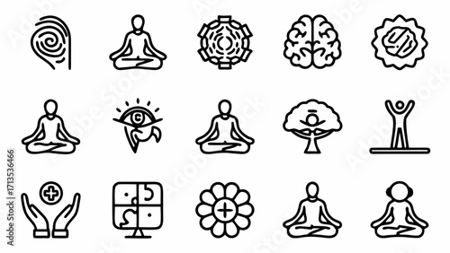 Vector art of collection of line icons representing meditation, yoga, brain, and spiritual symbols created and generated with generative ai #18