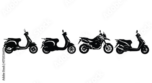 Silhouette collection of four distinct scooters and motorcycles in a row vector
