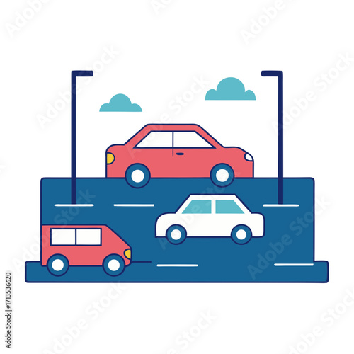 Stylized illustration of cars driving on a multi level highway with streetlights and clouds