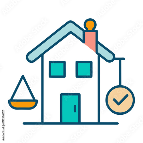 House with scales of justice and checkmark symbolizing legal approval