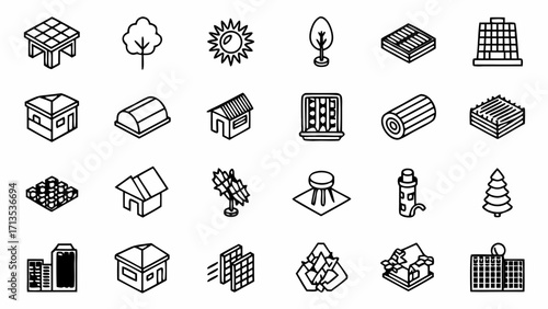 Vector art of collection of black and white line icons representing architecture, nature, and urban elements created and generated with generative ai #3