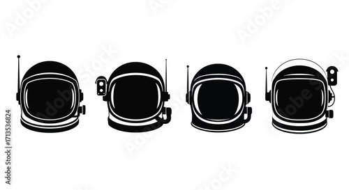 Four astronaut helmet icons set isolated space exploration cosmic journey exploration symbols vector
