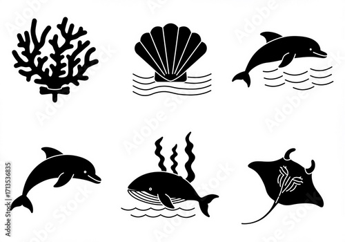 Vector silhouette illustration set of sea animals and creatures like dolphin and shark