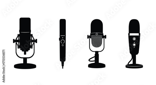 Vintage and modern microphones and pen set for recording podcasts and writing stories vector