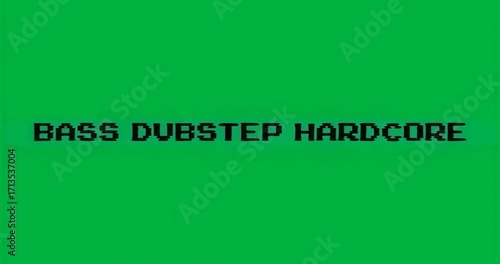 On start 8-bit BASS DUBSTEP HARDCORE emerging on transparent BG, neon blue band pulsing bass energy
