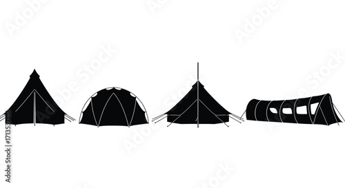Four diverse black tents silhouette set for outdoor camping adventures and travel vector