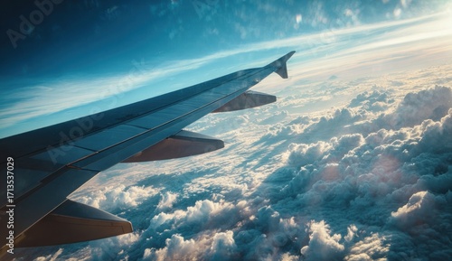 Aircraft wing cuts through a vivid blue sky over thick, fluffy clouds, bathed in sunlight. A journey above the earth, a serene aerial view