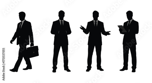 Silhouettes of businessmen in suits presenting diverse poses and professional stances for corporate imagery vector