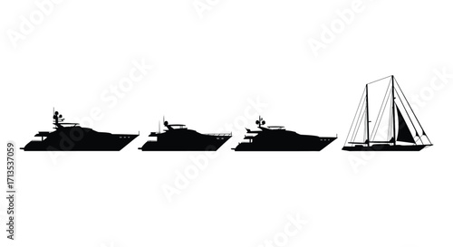 Silhouettes of a motorboat fleet and a sailboat gracefully sailing across the water vector