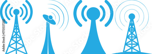 Vector illustration of communication towers and antennas transmitting wireless signals, representing telecom, internet, broadcast, mobile network, and digital technology connection concepts.