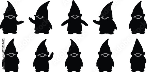 Silhouette collection of cute gnome characters, black vector icons for Christmas decoration, fairy tale design, winter holiday projects, and crafts