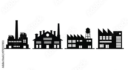 Diverse industrial factory silhouettes with smokestacks and water towers for manufacturing concepts vector
