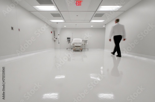 An elongated, sterile white hospital hallway featuring a blurred figure in black pants and white coat walking towards a medical bed at the end of the corridor