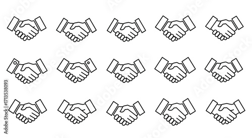 Collection of handshake icons in outline style representing partnership business agreement and trust vector