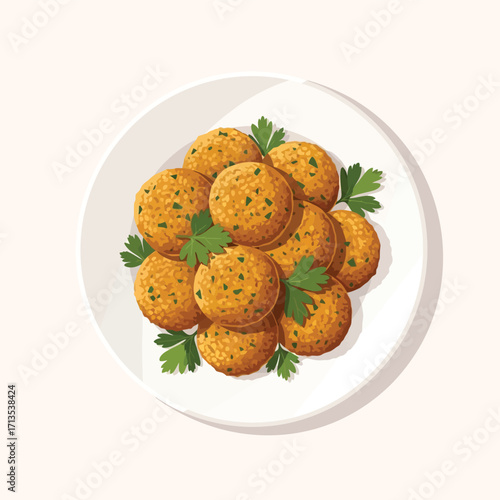 Crispy golden falafel balls, a delightful Middle Eastern vegetarian dish, beautifully arranged on a white plate with fresh parsley garnish, perfect as an appetizer or a wholesome meal