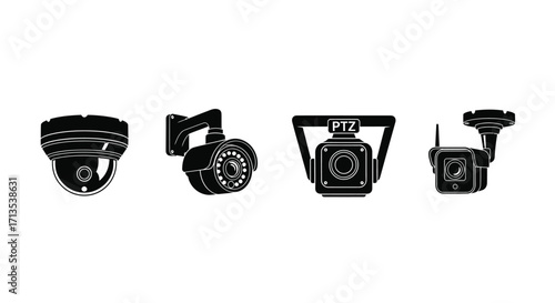 Collection of four distinct security surveillance cameras for monitoring and protection vector