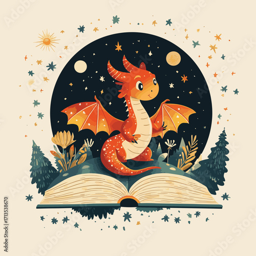 A whimsical logo for a children's book publisher, incorporating fantasy elements. , vector style simple color