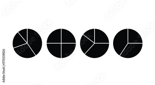 Four black pie charts showing different divisions and proportions data visualization vector