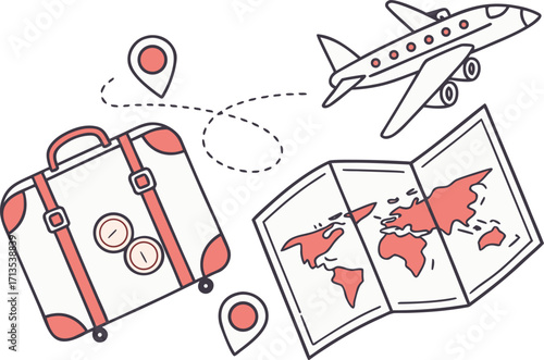Flat design travel and vacation icons suitcase map airplane