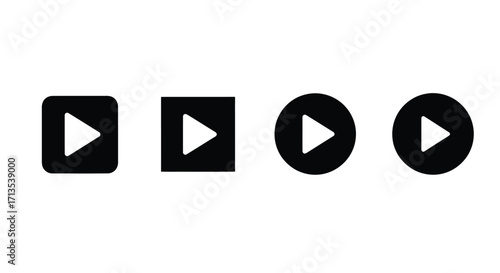 Set of four black play button icons square and circle shapes media player controls vector