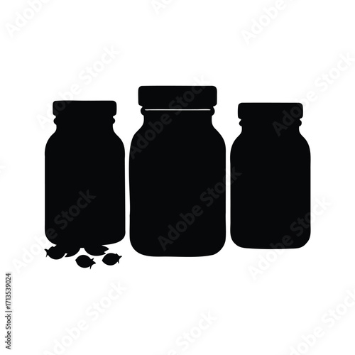 Silhouette of three glass jars with fish spilling out on white background, spices jars silhouette vector illustration
