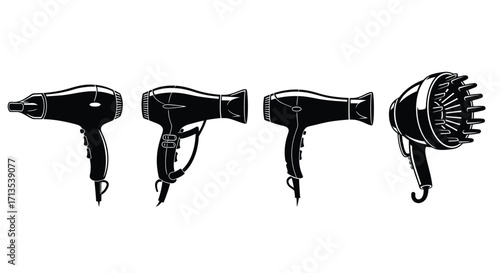 Four black hair dryers showcasing different styles and attachments for styling hair vector