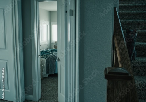 A cat sits at the bottom of stairs in a dimly lit hallway. The open doorway reveals a sunlit bedroom with a neatly made bed