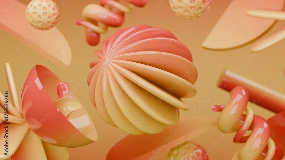 Floating orange and yellow geometric shapes in a studio. Suitable for abstract backgrounds, design elements, modern art concepts, and creative projects.