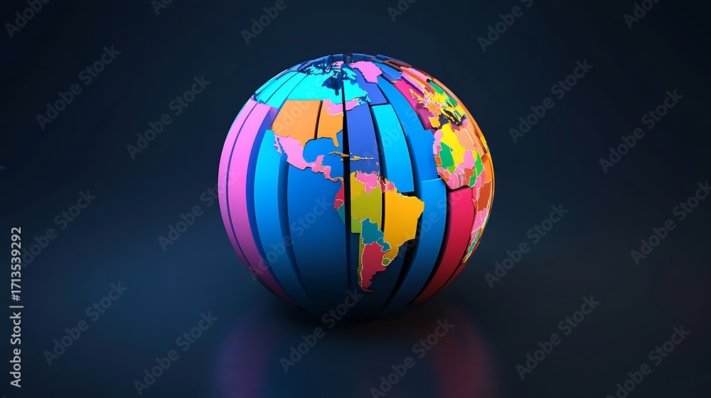 Obraz premium Colorful 3D world globe map, global connection, geographic diversity, modern data visualization international technology