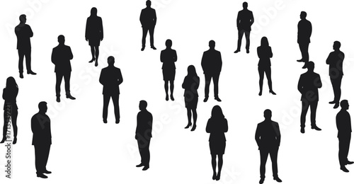 Silhouette business people standing vector illustration, professional group teamwork concept, black human posture design, corporate community crowd, modern lifestyle art