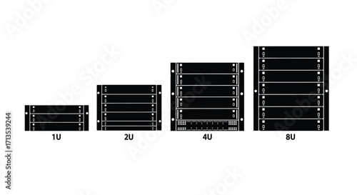 Four server racks in increasing size with numerical labels below vector
