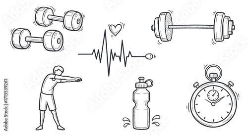 A sketch illustration of fitness elements including dumbbells, barbell, heart rate, stretching and more