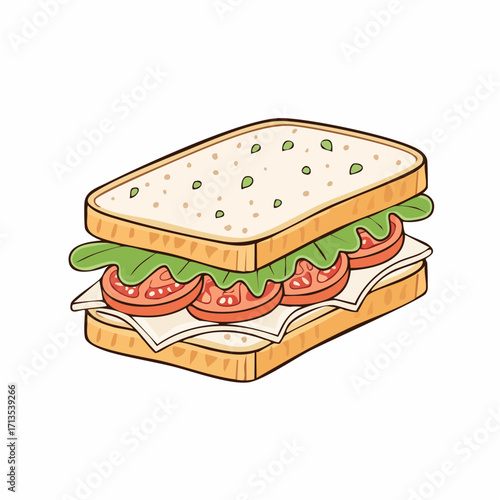 Vibrant cartoon sandwich featuring fresh green lettuce ripe red tomatoes and creamy white cheese on seeded bread.
