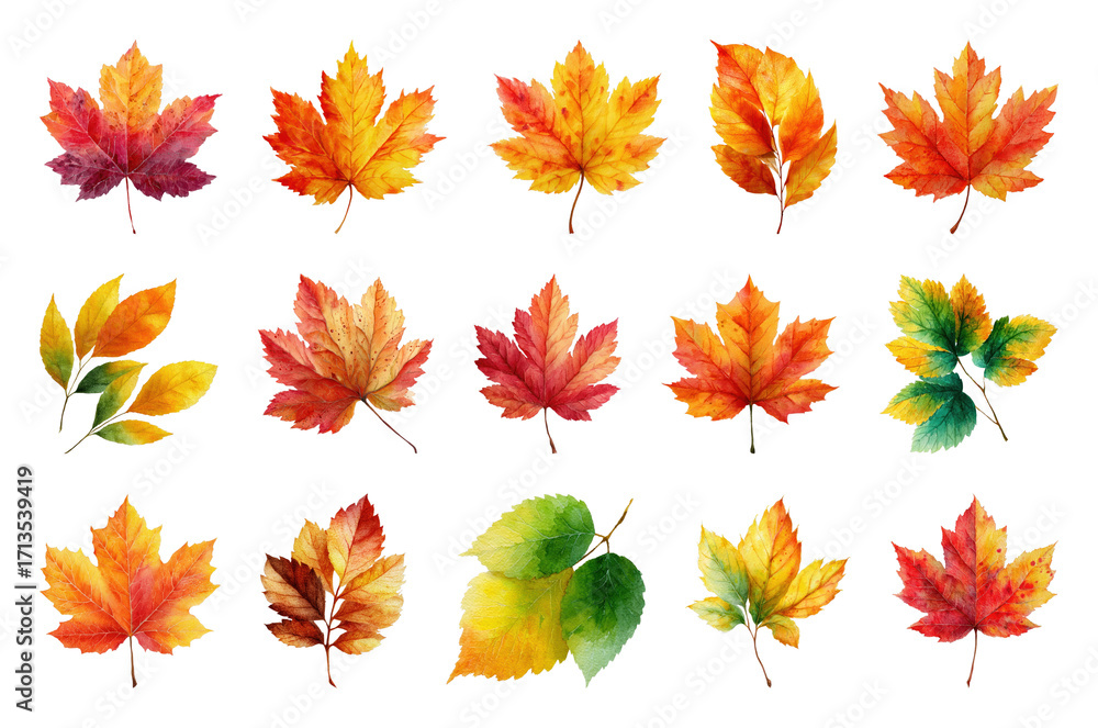 Fototapeta premium PNG Vibrant autumn leaves collection, element set on transparent background