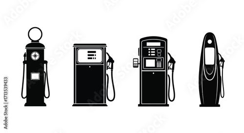 Vintage and modern gas station fuel pumps icons set silhouette vector