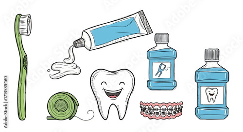 A cartoon depiction of dental hygiene products including a toothbrush toothpaste and mouthwash bottles