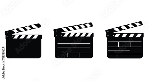 Three classic film clapperboards ready for action in cinema production vector