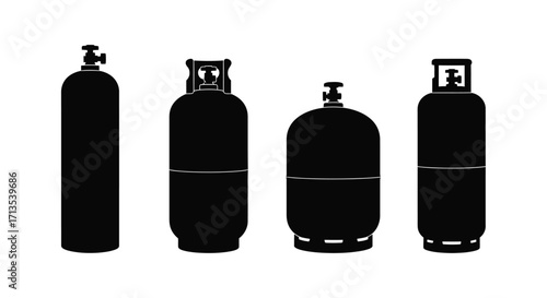 Collection of diverse gas cylinders silhouettes industrial storage fuel tanks icons set vector