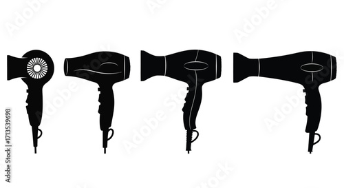 Collection of four distinct black hair dryers arranged in a horizontal row for beauty and styling purposes vector